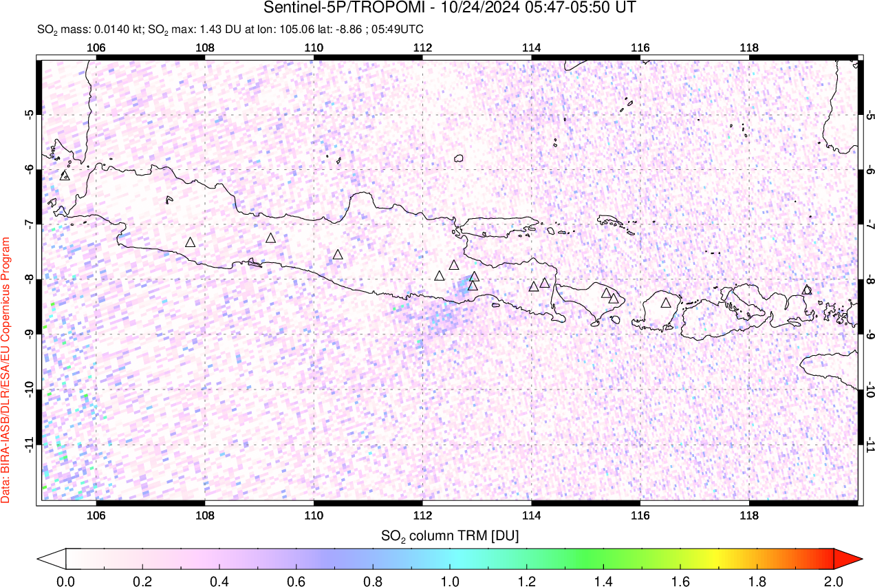 A sulfur dioxide image over Java, Indonesia on Oct 24, 2024.