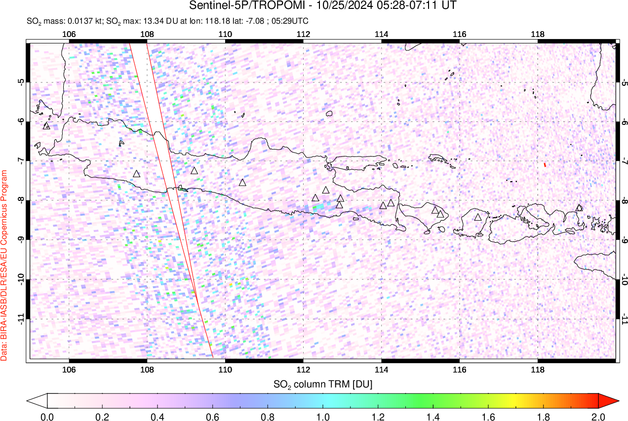 A sulfur dioxide image over Java, Indonesia on Oct 25, 2024.