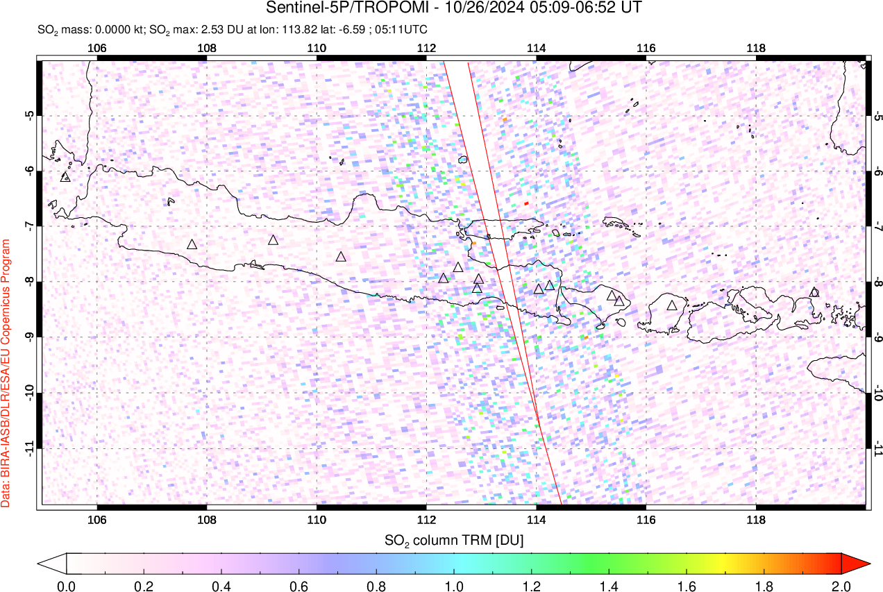 A sulfur dioxide image over Java, Indonesia on Oct 26, 2024.