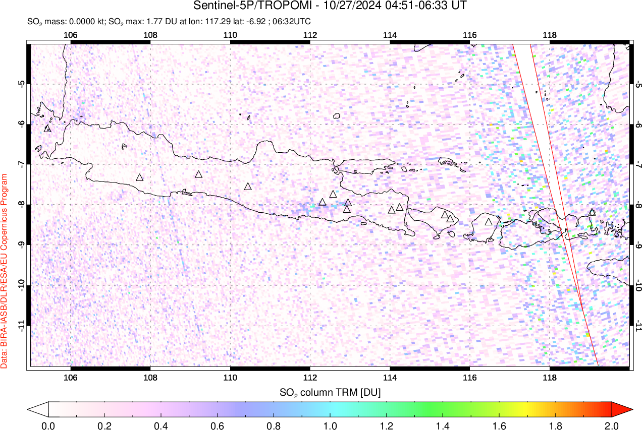 A sulfur dioxide image over Java, Indonesia on Oct 27, 2024.