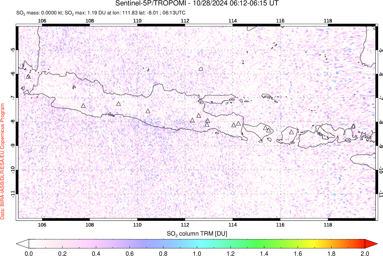 A sulfur dioxide image over Java, Indonesia on Oct 28, 2024.