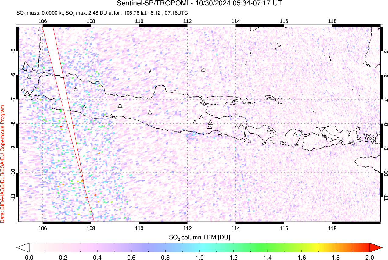 A sulfur dioxide image over Java, Indonesia on Oct 30, 2024.