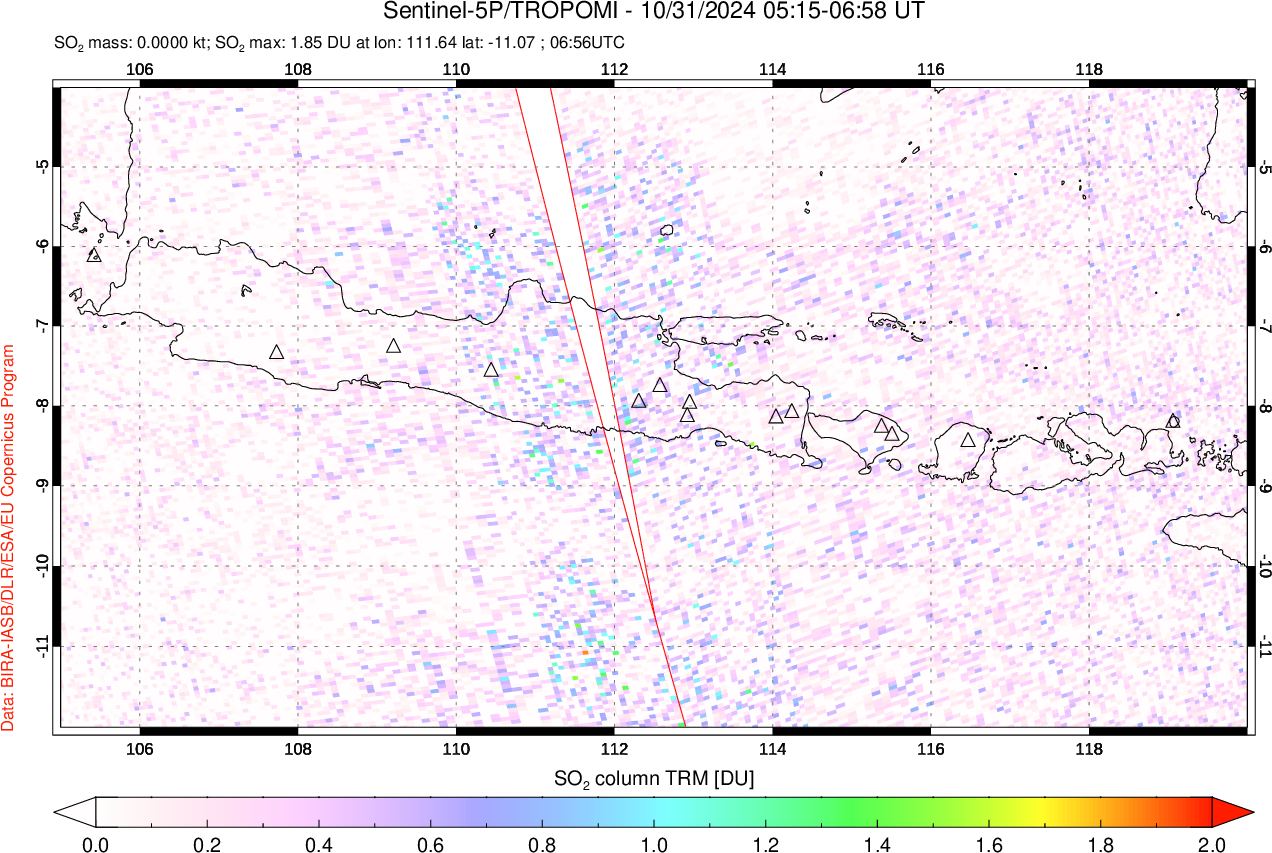 A sulfur dioxide image over Java, Indonesia on Oct 31, 2024.