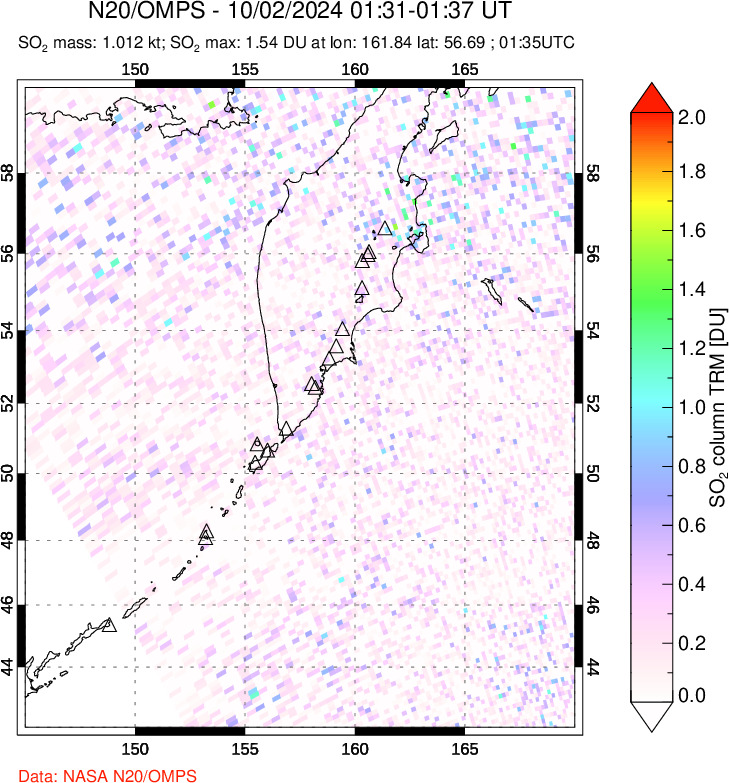 A sulfur dioxide image over Kamchatka, Russian Federation on Oct 02, 2024.