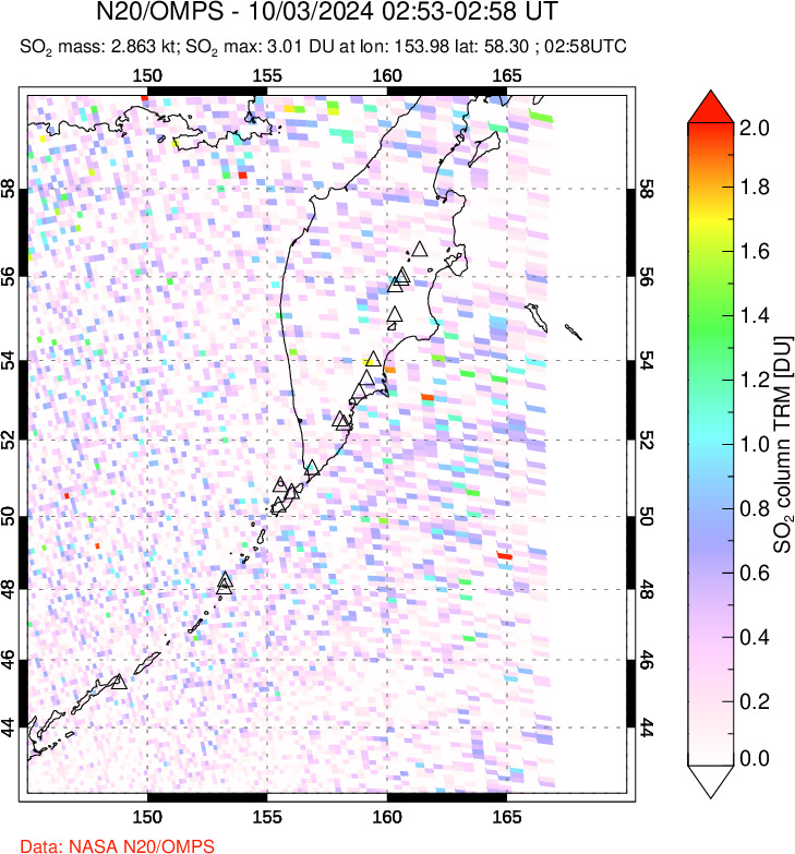 A sulfur dioxide image over Kamchatka, Russian Federation on Oct 03, 2024.