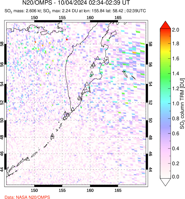 A sulfur dioxide image over Kamchatka, Russian Federation on Oct 04, 2024.