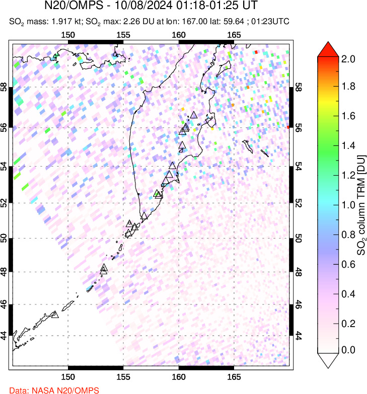 A sulfur dioxide image over Kamchatka, Russian Federation on Oct 08, 2024.