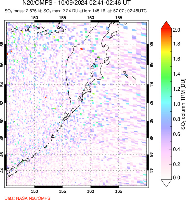 A sulfur dioxide image over Kamchatka, Russian Federation on Oct 09, 2024.