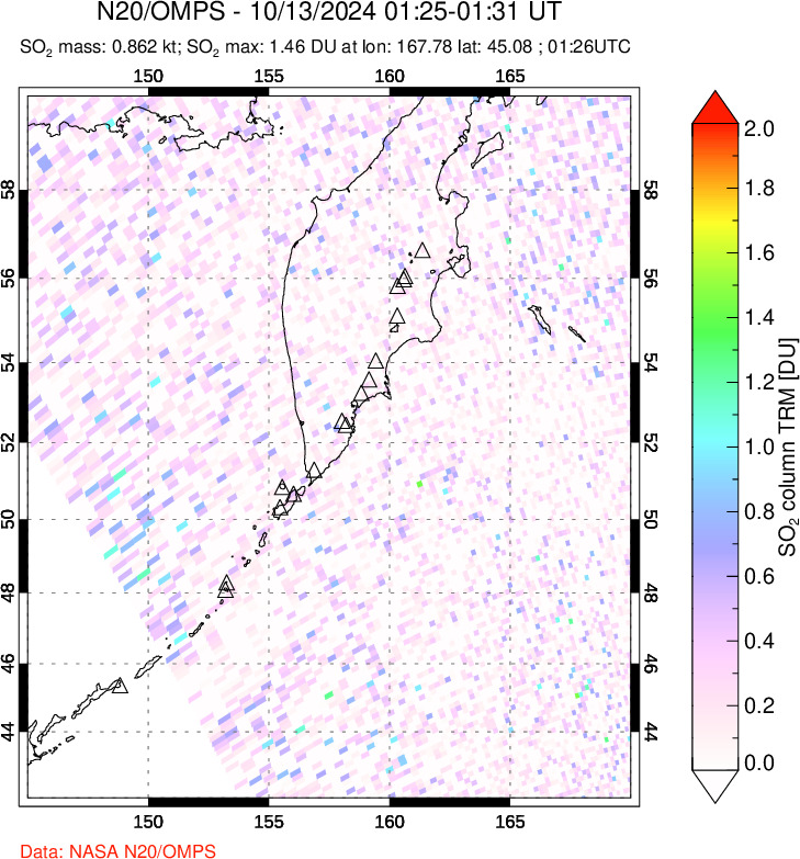 A sulfur dioxide image over Kamchatka, Russian Federation on Oct 13, 2024.