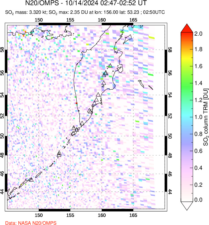 A sulfur dioxide image over Kamchatka, Russian Federation on Oct 14, 2024.