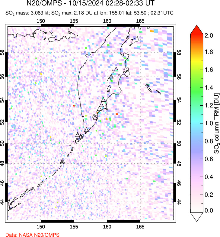 A sulfur dioxide image over Kamchatka, Russian Federation on Oct 15, 2024.