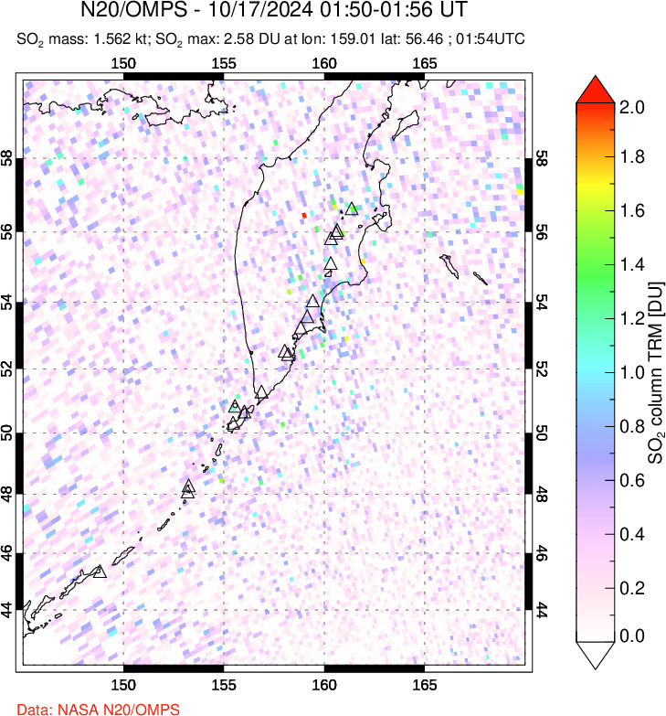 A sulfur dioxide image over Kamchatka, Russian Federation on Oct 17, 2024.