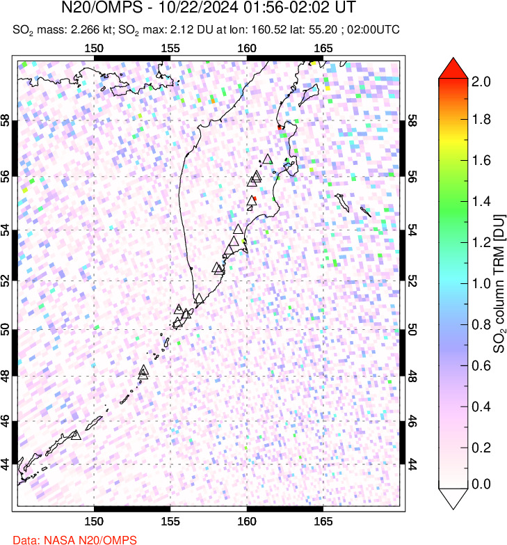 A sulfur dioxide image over Kamchatka, Russian Federation on Oct 22, 2024.