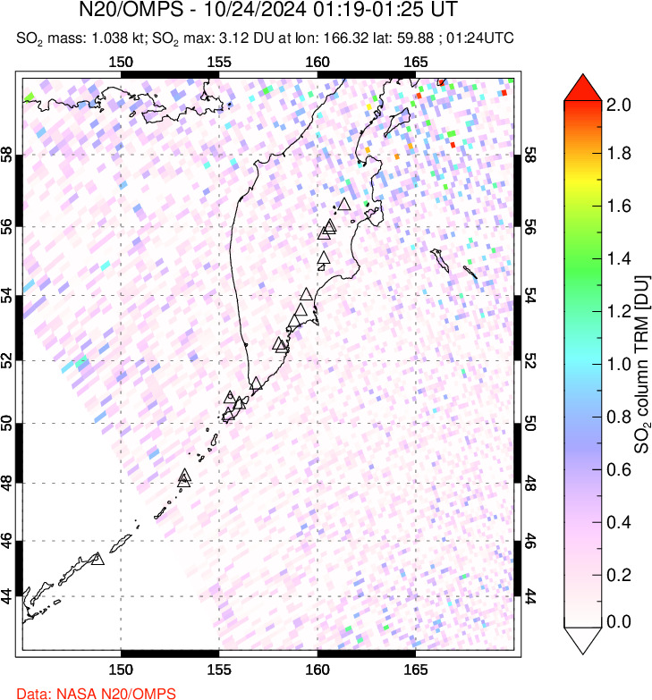 A sulfur dioxide image over Kamchatka, Russian Federation on Oct 24, 2024.