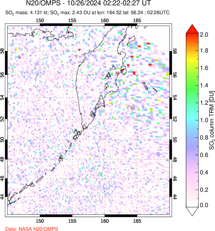 A sulfur dioxide image over Kamchatka, Russian Federation on Oct 26, 2024.