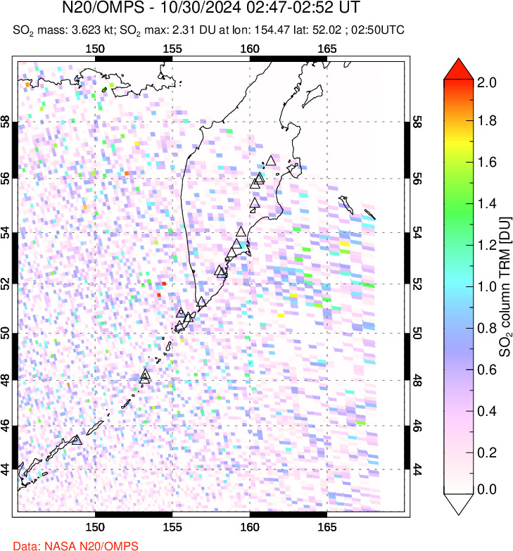 A sulfur dioxide image over Kamchatka, Russian Federation on Oct 30, 2024.