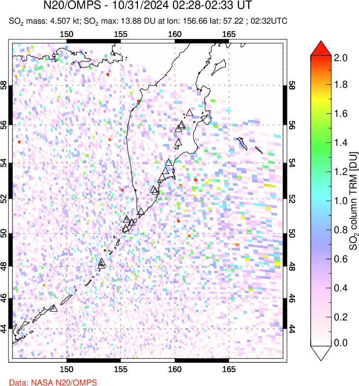 A sulfur dioxide image over Kamchatka, Russian Federation on Oct 31, 2024.