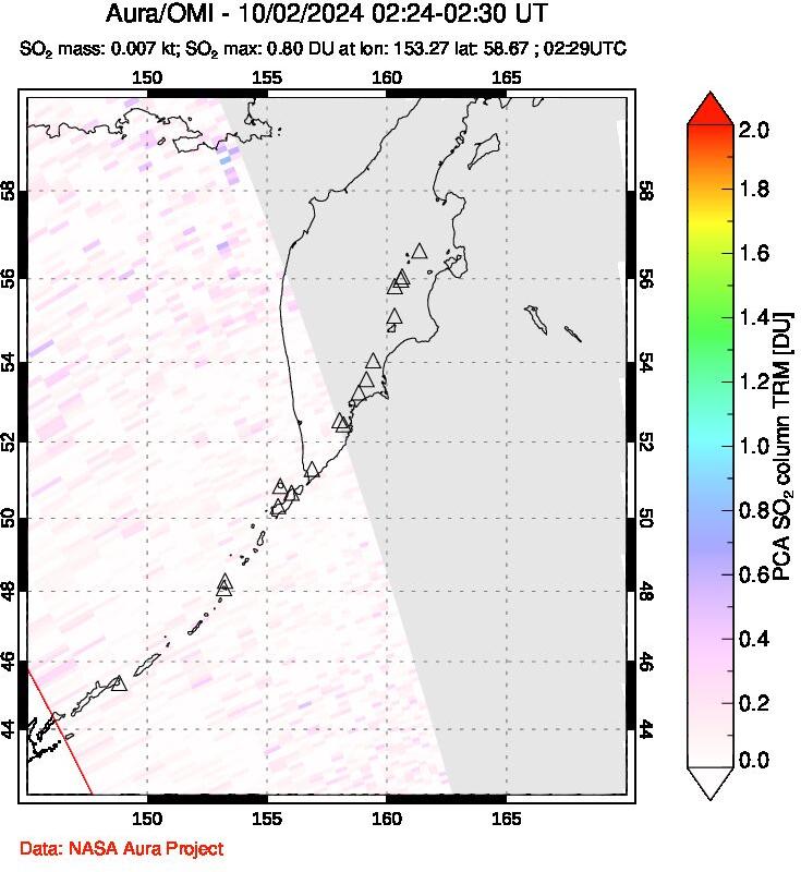 A sulfur dioxide image over Kamchatka, Russian Federation on Oct 02, 2024.