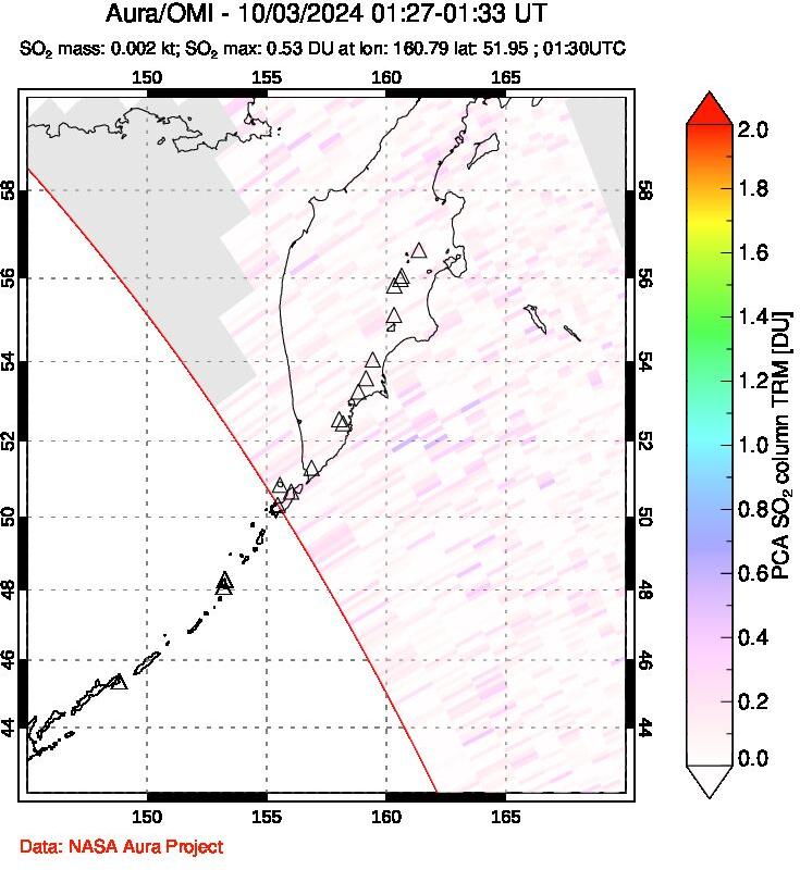 A sulfur dioxide image over Kamchatka, Russian Federation on Oct 03, 2024.