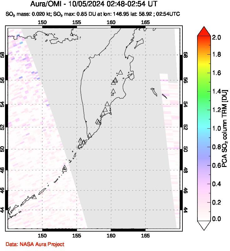 A sulfur dioxide image over Kamchatka, Russian Federation on Oct 05, 2024.