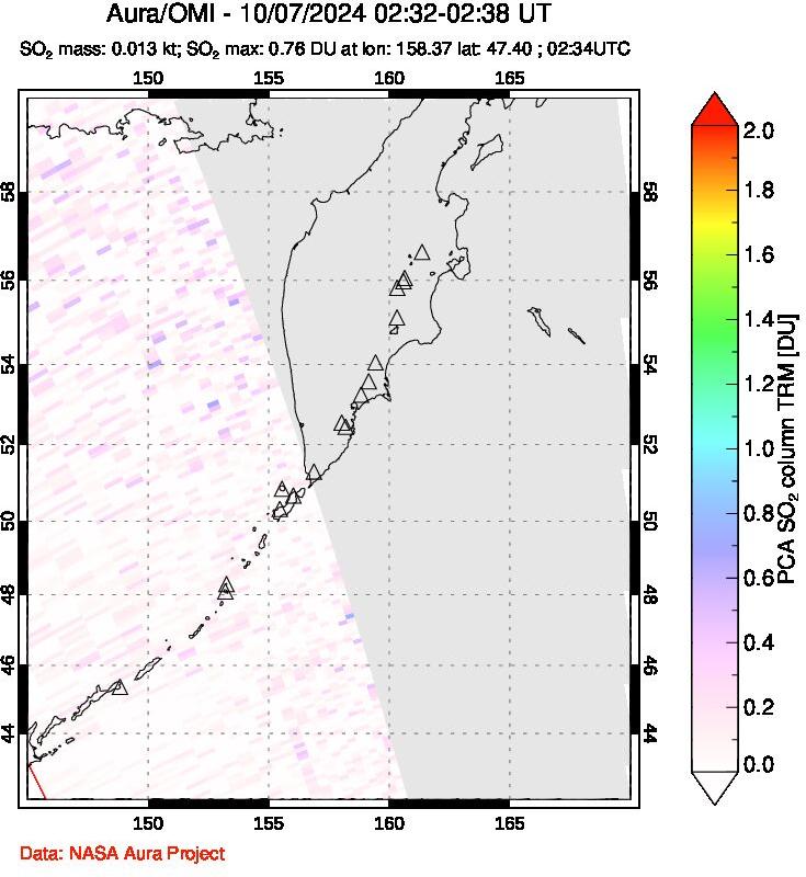 A sulfur dioxide image over Kamchatka, Russian Federation on Oct 07, 2024.