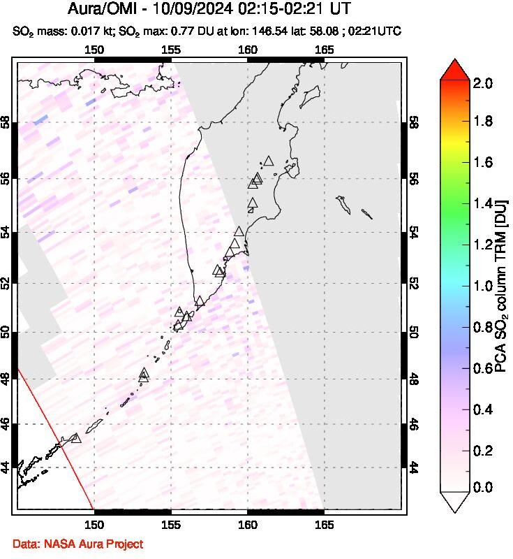 A sulfur dioxide image over Kamchatka, Russian Federation on Oct 09, 2024.