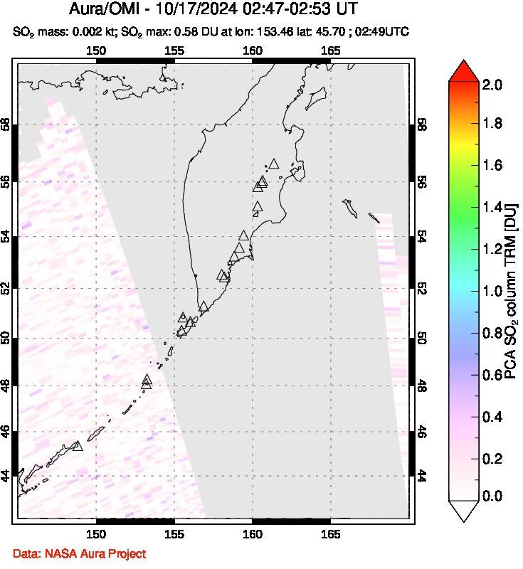 A sulfur dioxide image over Kamchatka, Russian Federation on Oct 17, 2024.