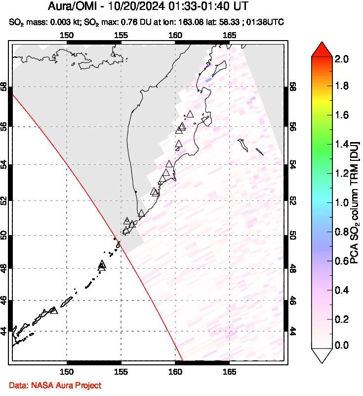 A sulfur dioxide image over Kamchatka, Russian Federation on Oct 20, 2024.