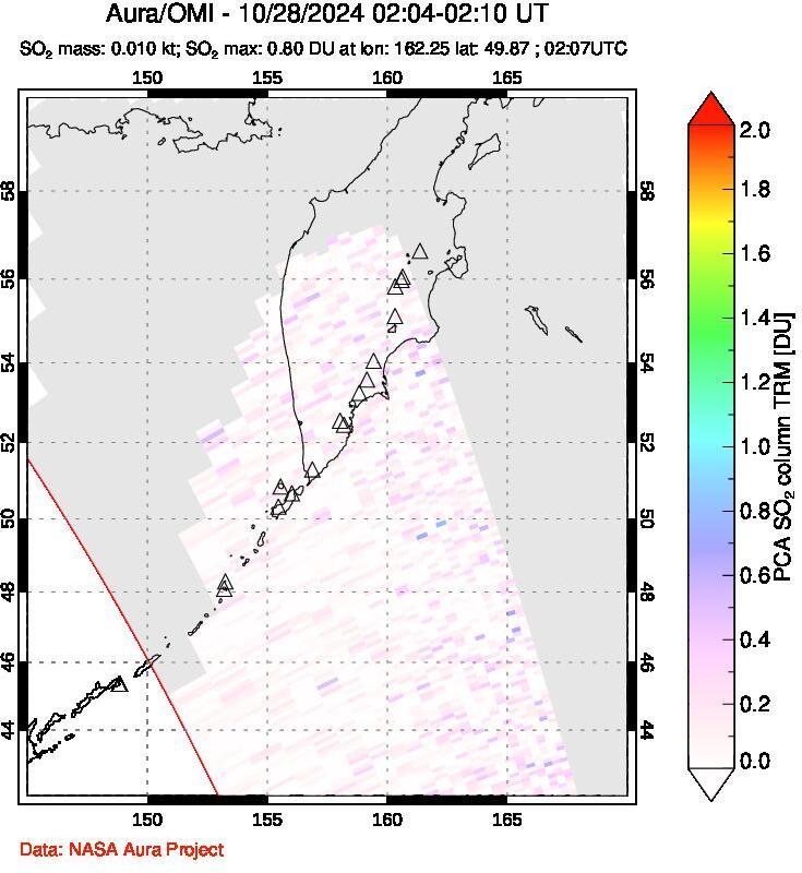 A sulfur dioxide image over Kamchatka, Russian Federation on Oct 28, 2024.