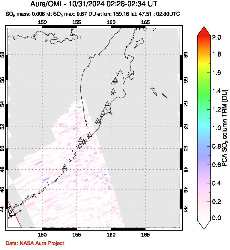 A sulfur dioxide image over Kamchatka, Russian Federation on Oct 31, 2024.