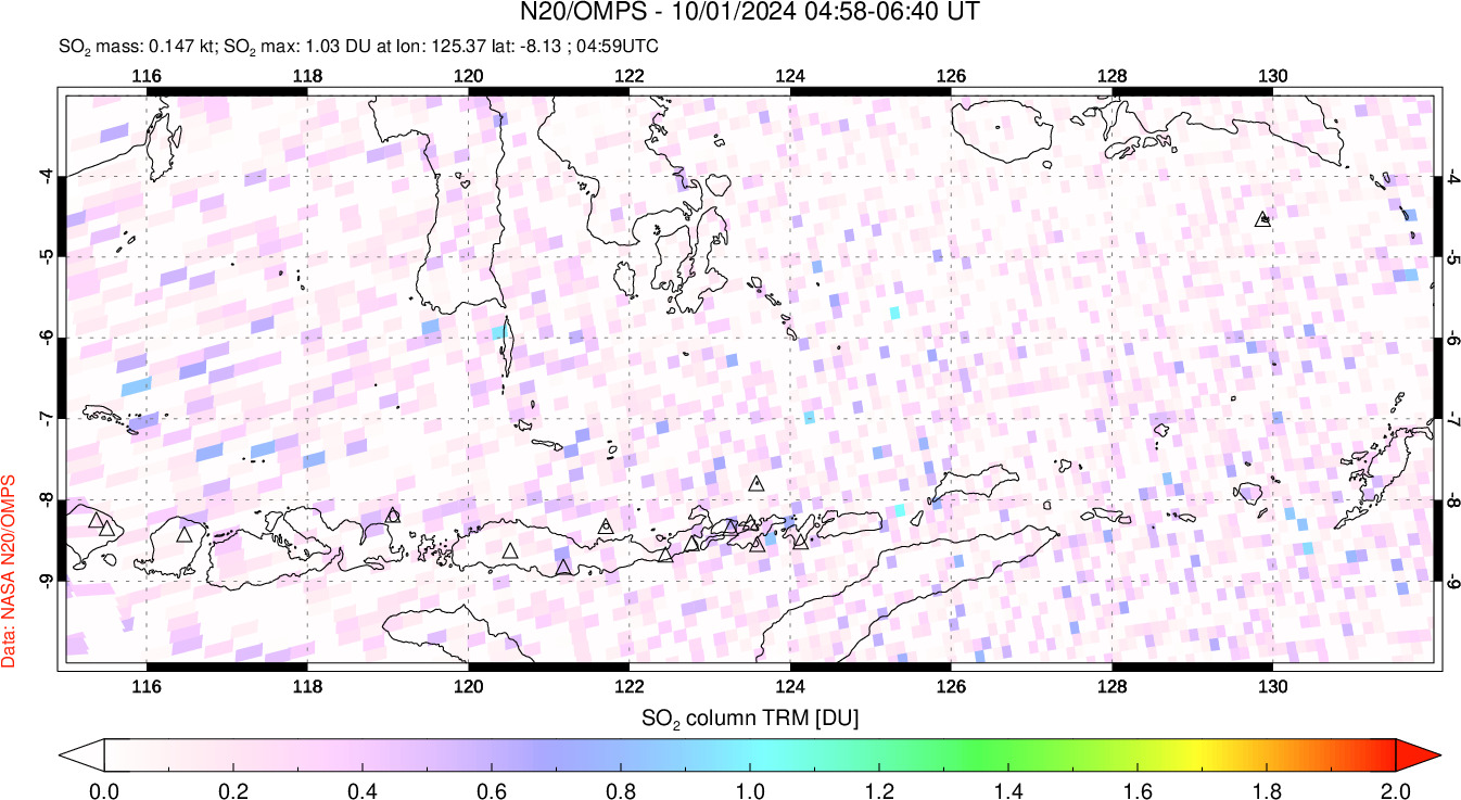 A sulfur dioxide image over Lesser Sunda Islands, Indonesia on Oct 01, 2024.