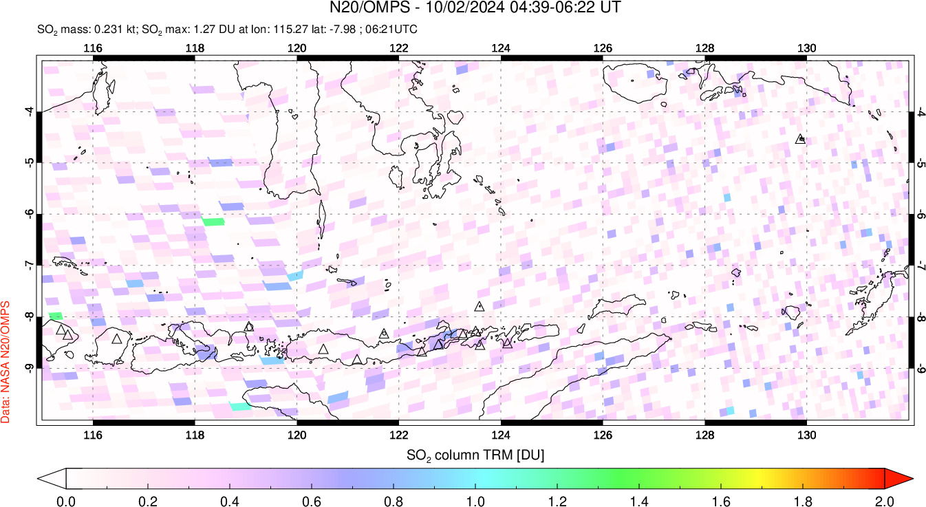 A sulfur dioxide image over Lesser Sunda Islands, Indonesia on Oct 02, 2024.