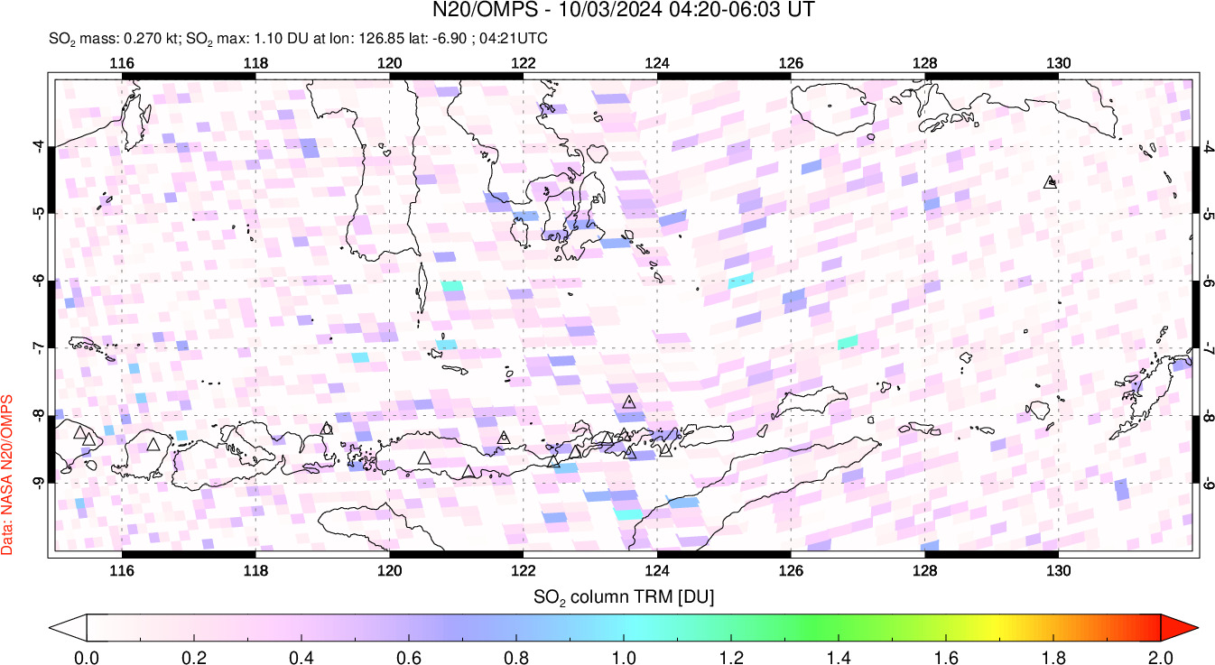 A sulfur dioxide image over Lesser Sunda Islands, Indonesia on Oct 03, 2024.