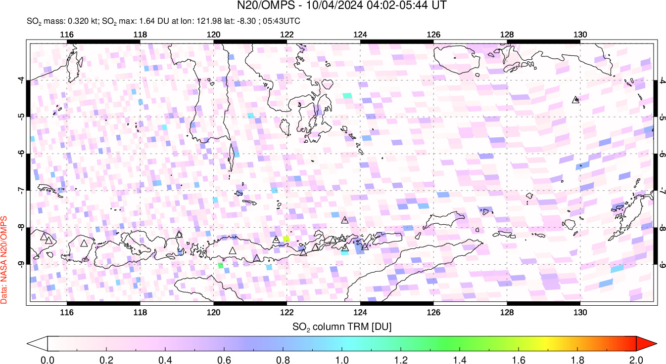 A sulfur dioxide image over Lesser Sunda Islands, Indonesia on Oct 04, 2024.