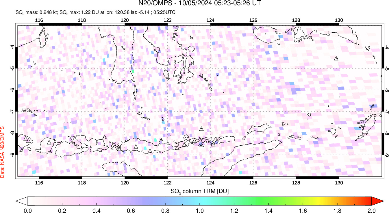 A sulfur dioxide image over Lesser Sunda Islands, Indonesia on Oct 05, 2024.