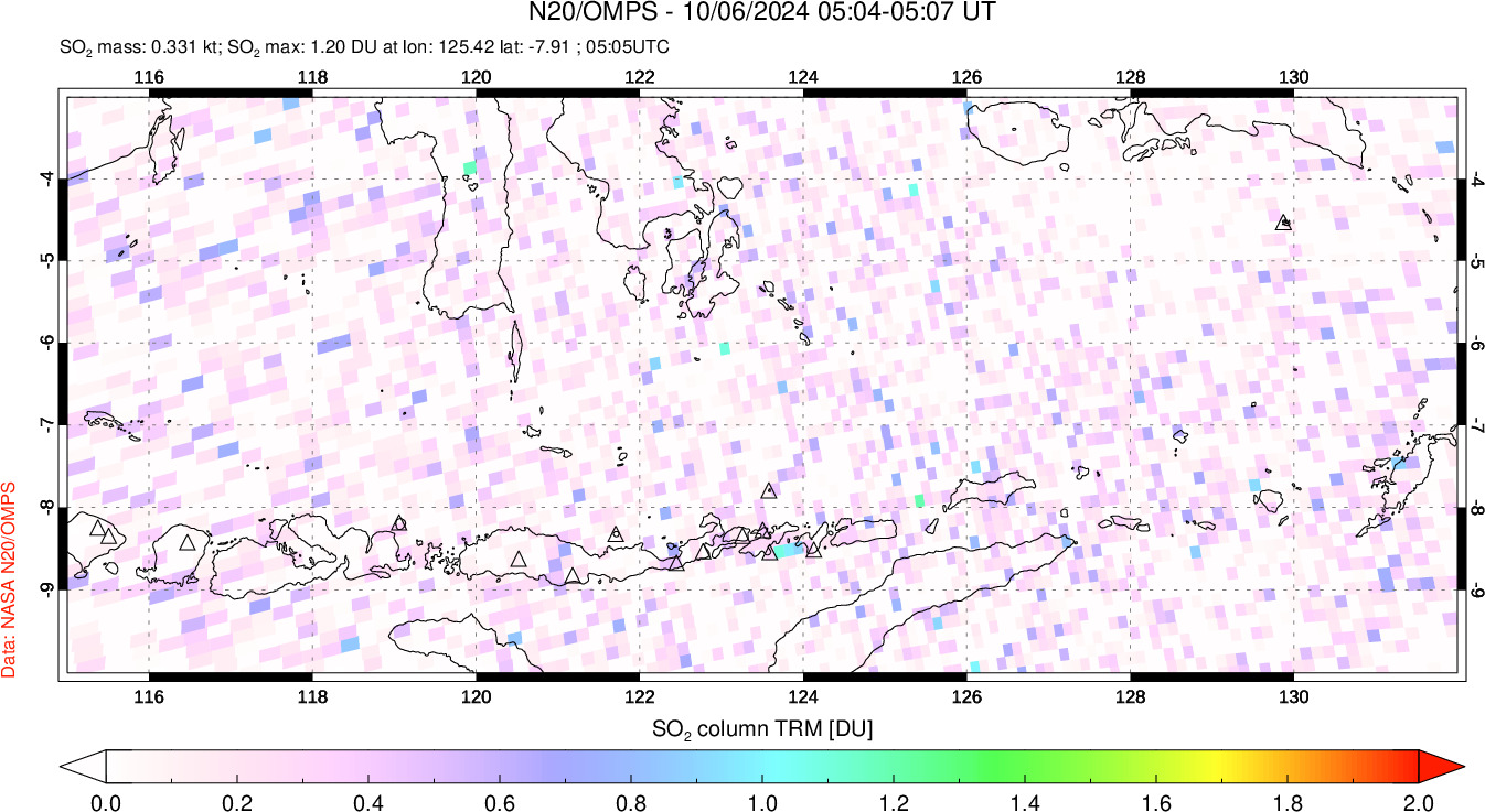 A sulfur dioxide image over Lesser Sunda Islands, Indonesia on Oct 06, 2024.