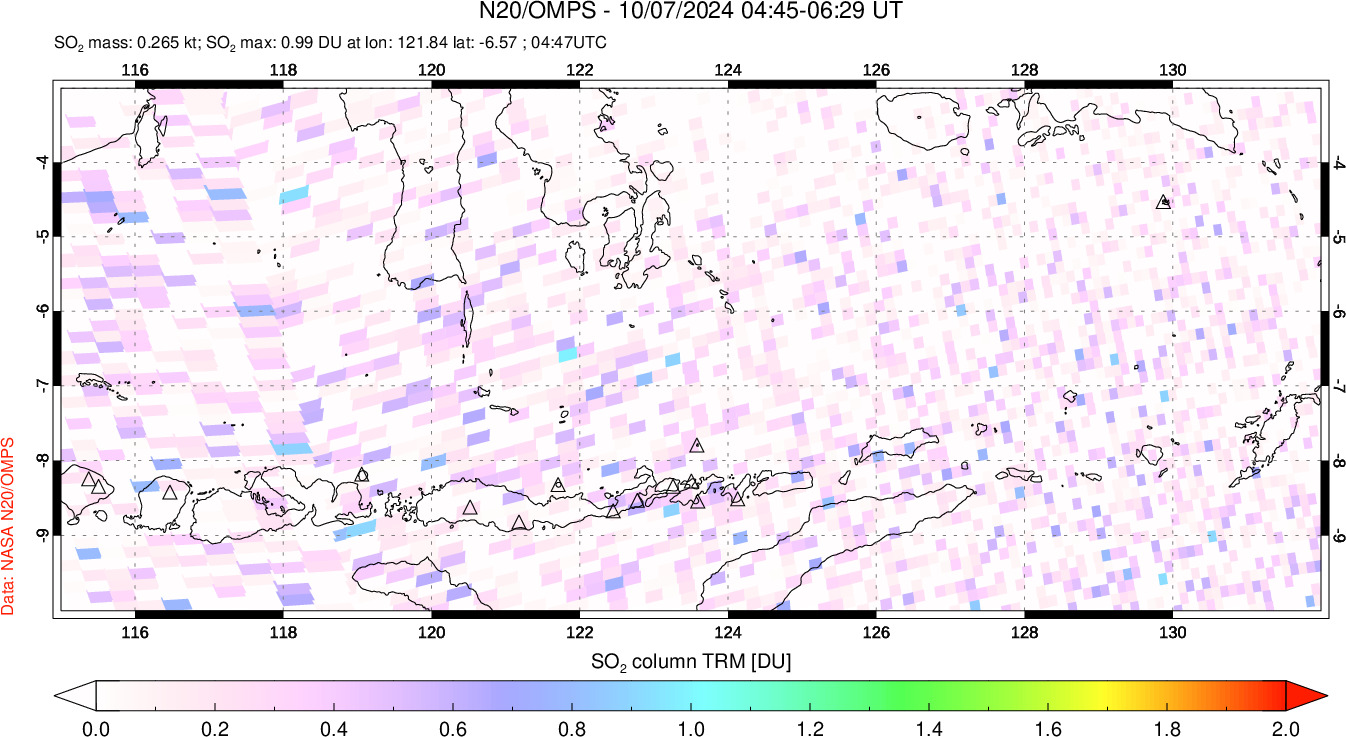 A sulfur dioxide image over Lesser Sunda Islands, Indonesia on Oct 07, 2024.