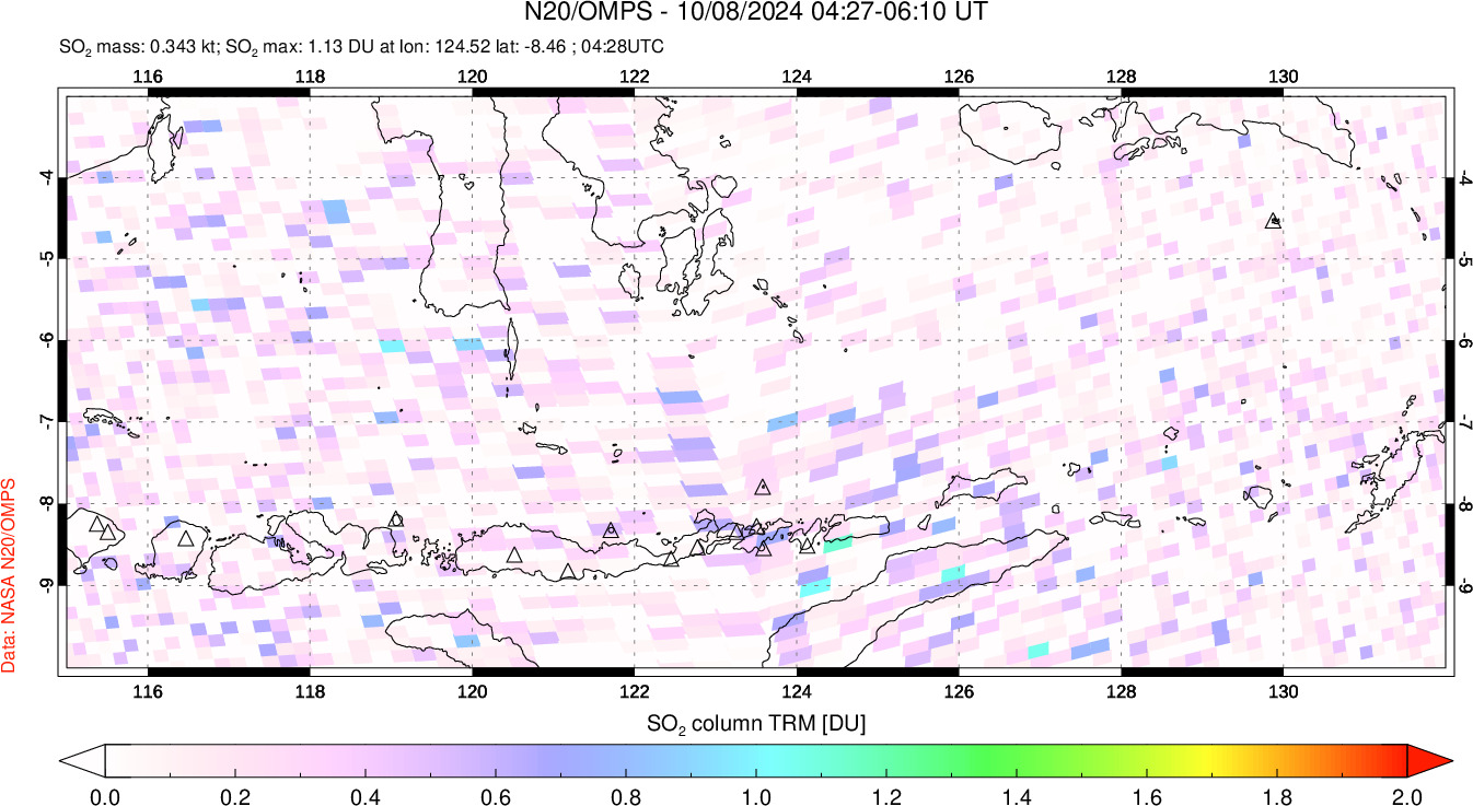 A sulfur dioxide image over Lesser Sunda Islands, Indonesia on Oct 08, 2024.