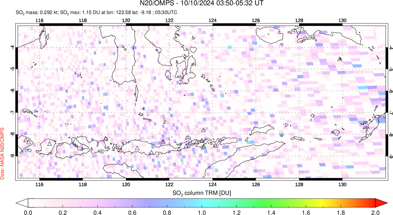 A sulfur dioxide image over Lesser Sunda Islands, Indonesia on Oct 10, 2024.