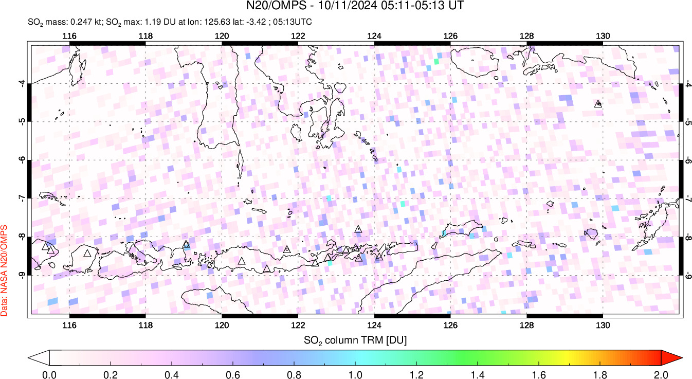 A sulfur dioxide image over Lesser Sunda Islands, Indonesia on Oct 11, 2024.