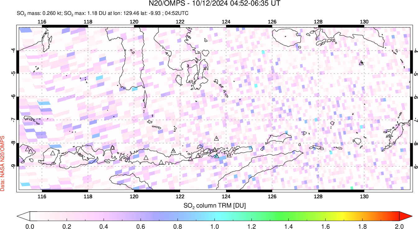 A sulfur dioxide image over Lesser Sunda Islands, Indonesia on Oct 12, 2024.