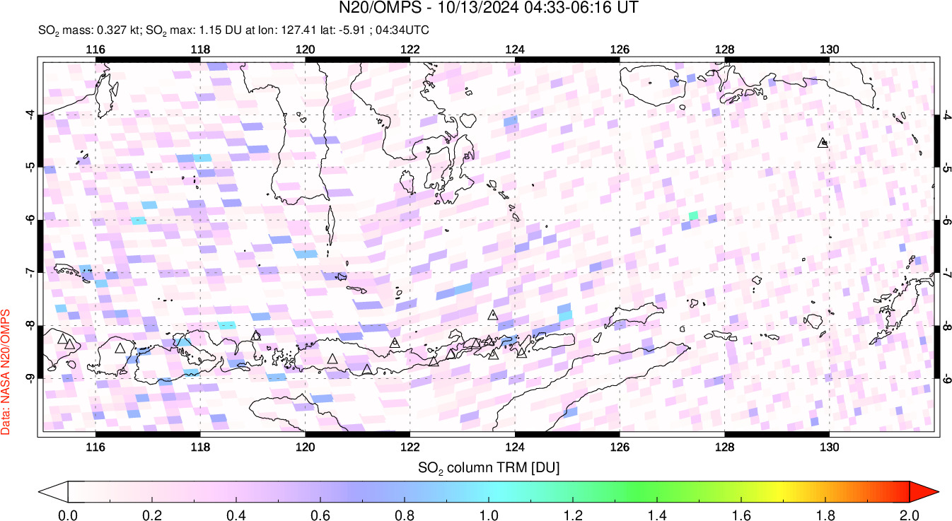 A sulfur dioxide image over Lesser Sunda Islands, Indonesia on Oct 13, 2024.