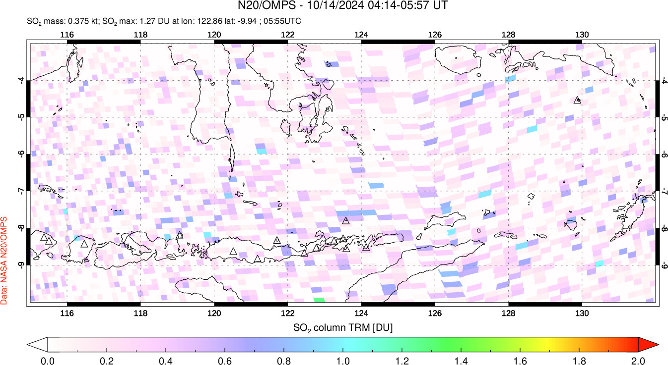 A sulfur dioxide image over Lesser Sunda Islands, Indonesia on Oct 14, 2024.