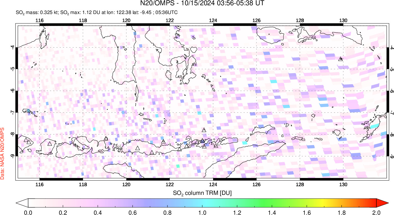 A sulfur dioxide image over Lesser Sunda Islands, Indonesia on Oct 15, 2024.