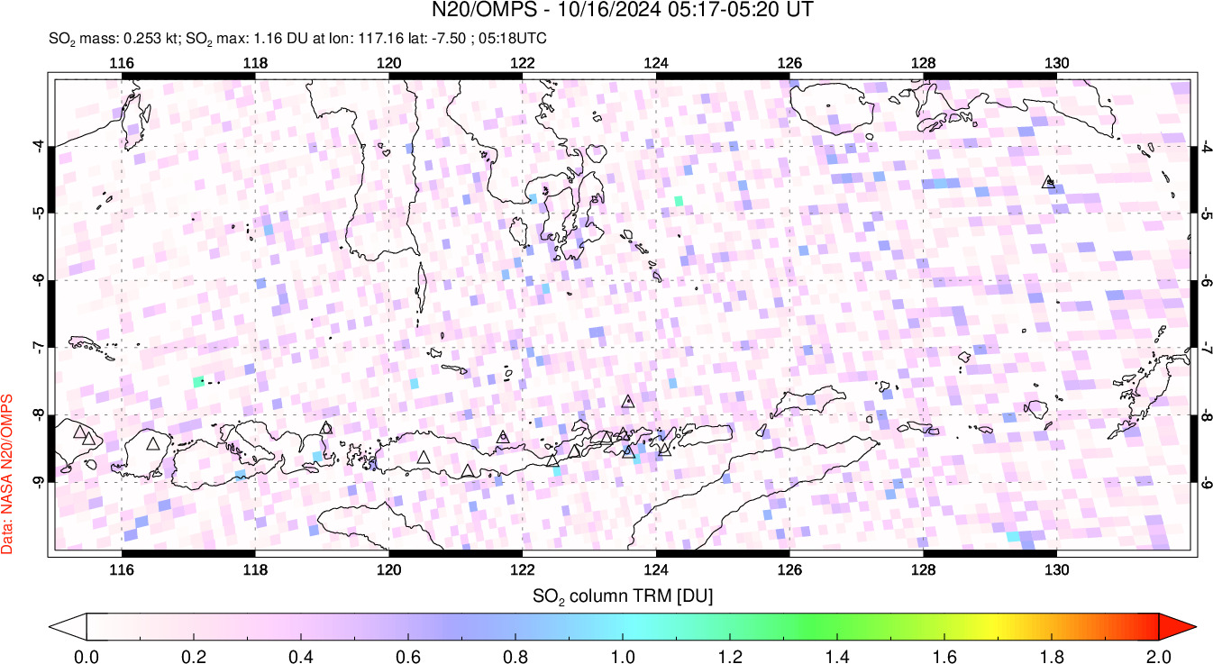 A sulfur dioxide image over Lesser Sunda Islands, Indonesia on Oct 16, 2024.