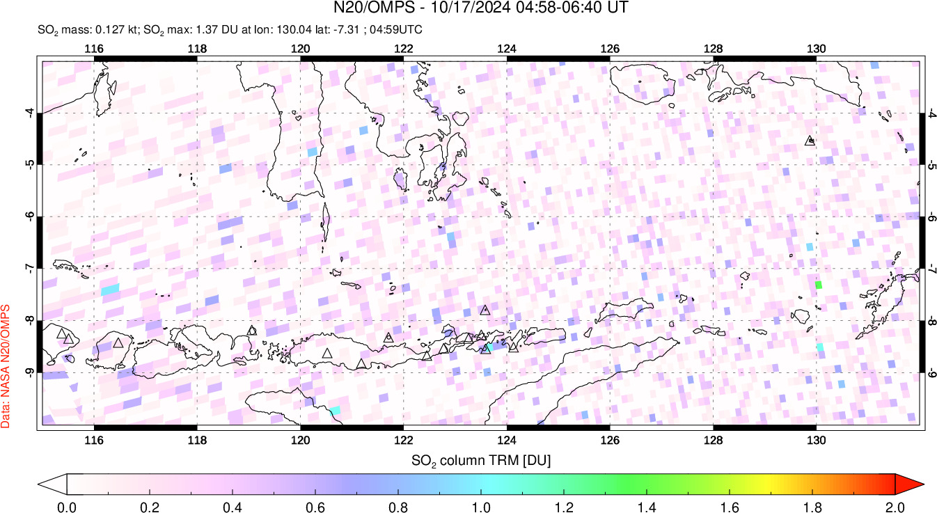 A sulfur dioxide image over Lesser Sunda Islands, Indonesia on Oct 17, 2024.