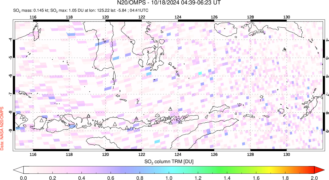 A sulfur dioxide image over Lesser Sunda Islands, Indonesia on Oct 18, 2024.