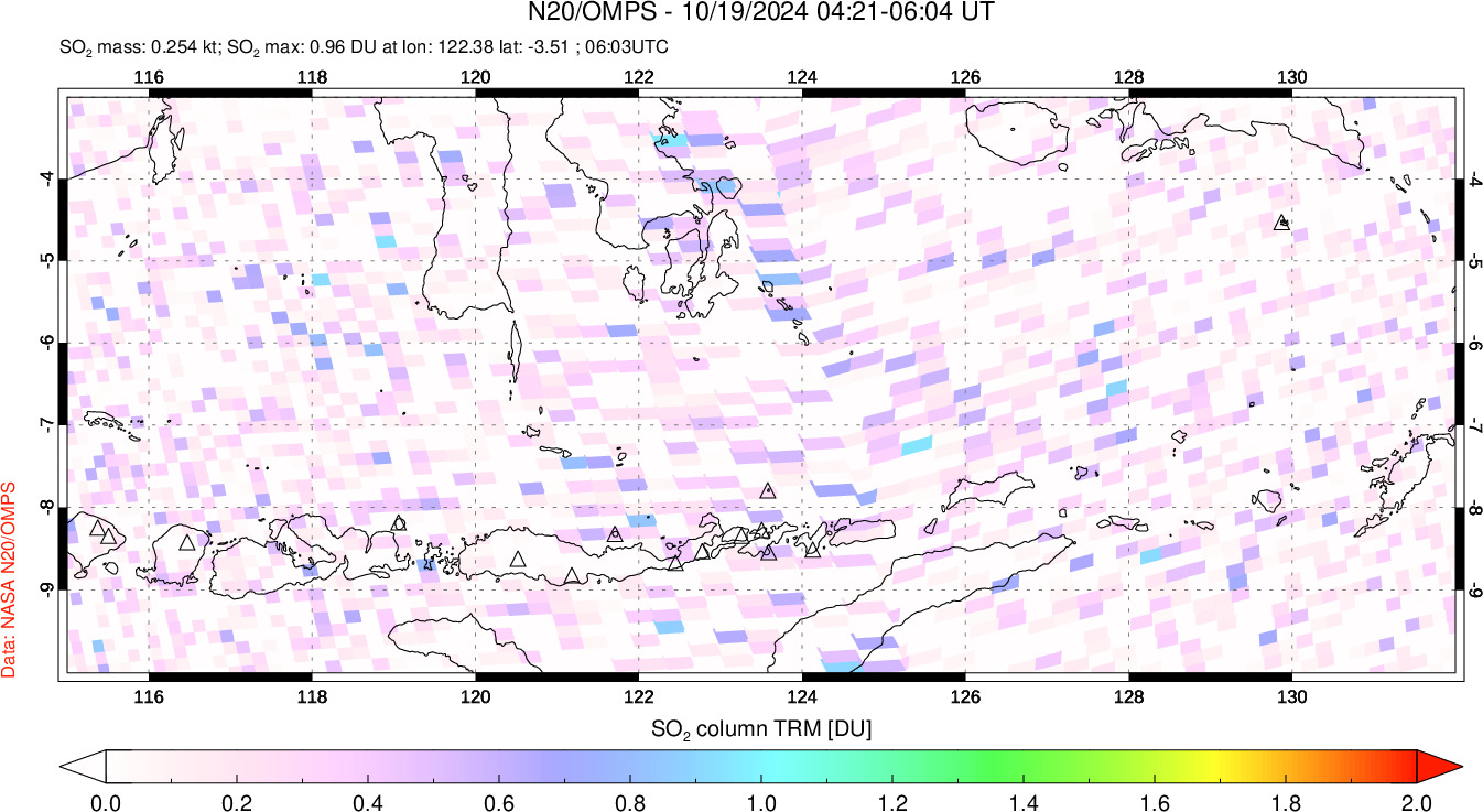 A sulfur dioxide image over Lesser Sunda Islands, Indonesia on Oct 19, 2024.