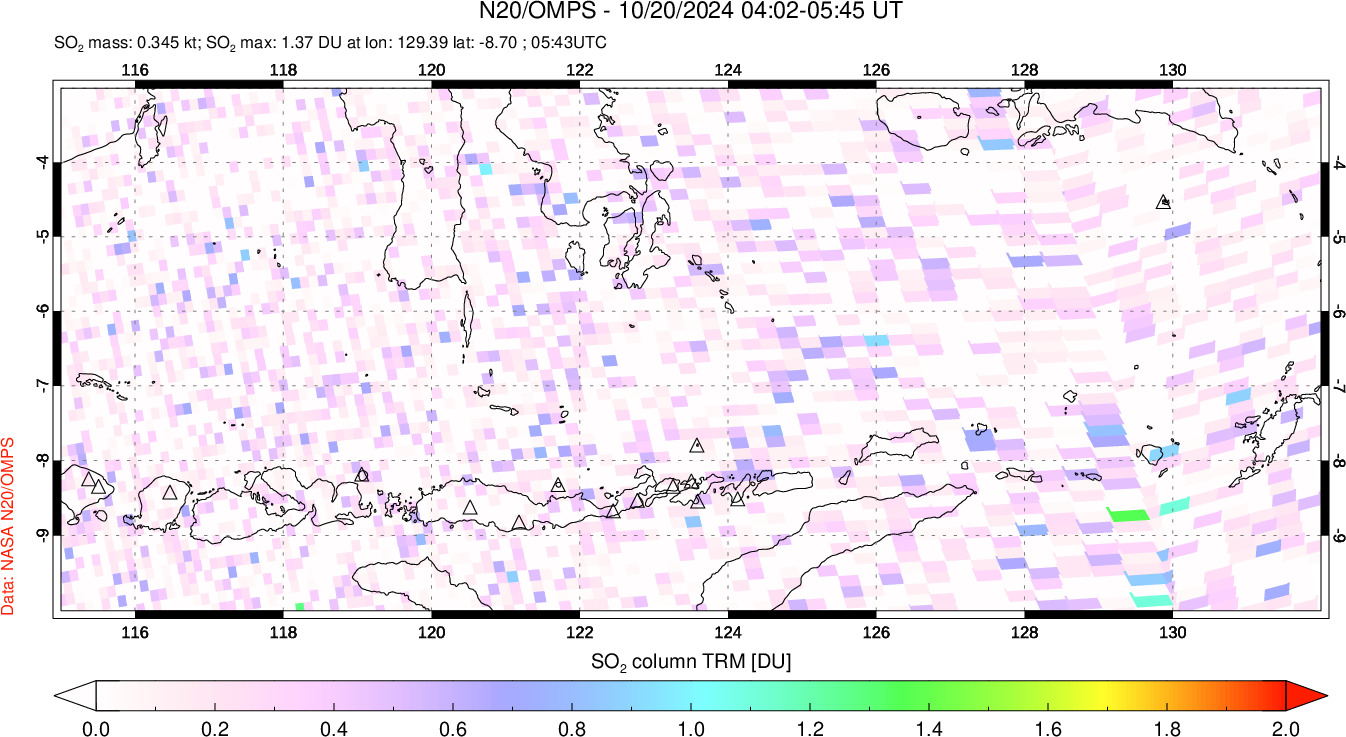 A sulfur dioxide image over Lesser Sunda Islands, Indonesia on Oct 20, 2024.