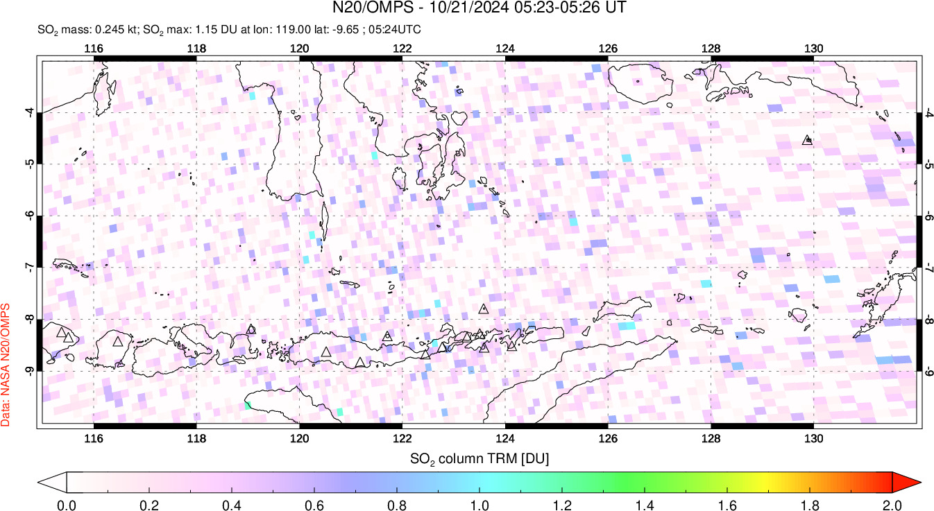 A sulfur dioxide image over Lesser Sunda Islands, Indonesia on Oct 21, 2024.